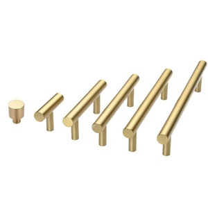 Solid Brushed Brass Kitchen Cabinet Knobs and Pulls Gold Drawer Dresser Pulls Bar Cupboard Wardrobe Door Handles Bar