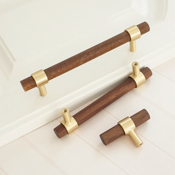 Solid Brass+Walnut Kitchen Cabinet Knobs and Pulls Modern Drawer Pulls Wood Cupboard Wardrobe Door Knob Pull Handles 96mm 128mm 160mm 224mm