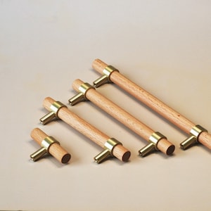 Modern Brass+Beech Kitchen Cabinet Knobs and Pulls Wooden Drawer Dresser Pulls Furniture Cupboard Wardrobe Door Pull Handles Bar