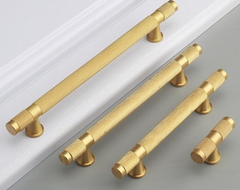 Solid Knurled Brass T-Bar Cabinet Handles: Gold Furniture Cupboard Pulls