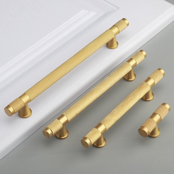 Solid Knurled Brass Kitchen Cabinet Knobs and Handles Gold Drawer Dresser Pulls Tbar Furniture Cupboard Door Knobs and Pulls Modern