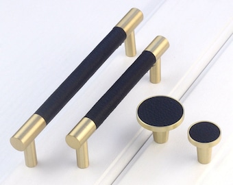 Decorative Brass Kitchen Cabinet Knobs and Pulls Leather Drawer Cupboard Wardrobe Pulls Handles Black  96mm 128mm