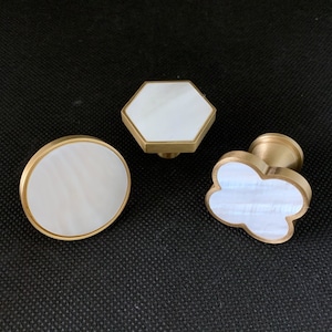 Brass Cabinet Knobs: White Shell Drawer Pull - Modern Geometric
