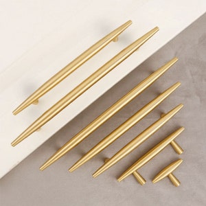 Brushed Brass Cabinet Drawer Knobs and Handles Tbar Pure Copper Dresser Pulls Gold Kitchen Cupboard Wardrobe Door Handles 96mm 128mm 160mm