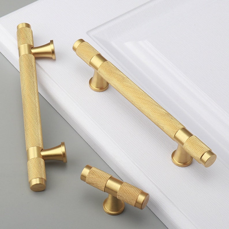 Solid Knurled Brass Kitchen Knobs and Handles Gold Etsy