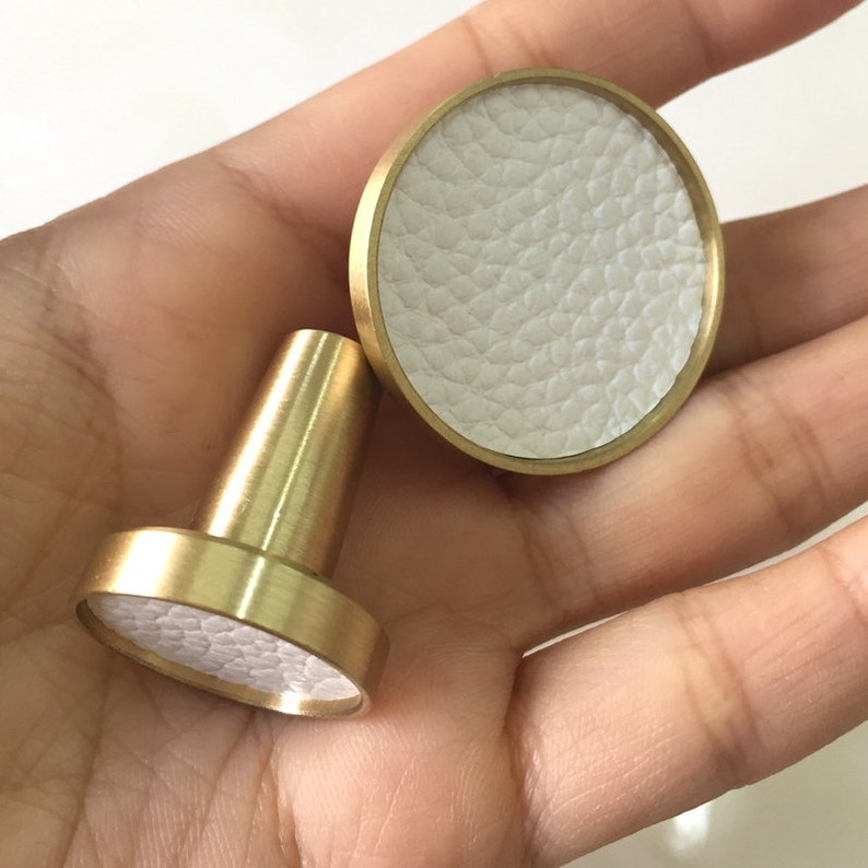 Round Brass Decorative Kitchen Knobs White Leather Etsy