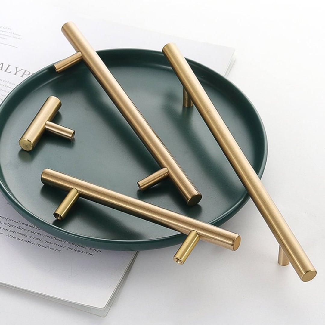 Solid Brass Kitchen Cabinet Knobs and Handles Tbar Gold Drawer Dresser ...