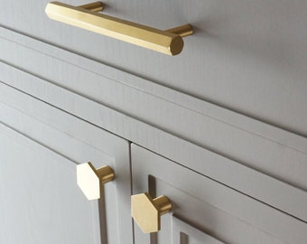Hexagon Solid Brass Cabinet Knob sand Handles - Modern Gold Cupboard Door Pulls