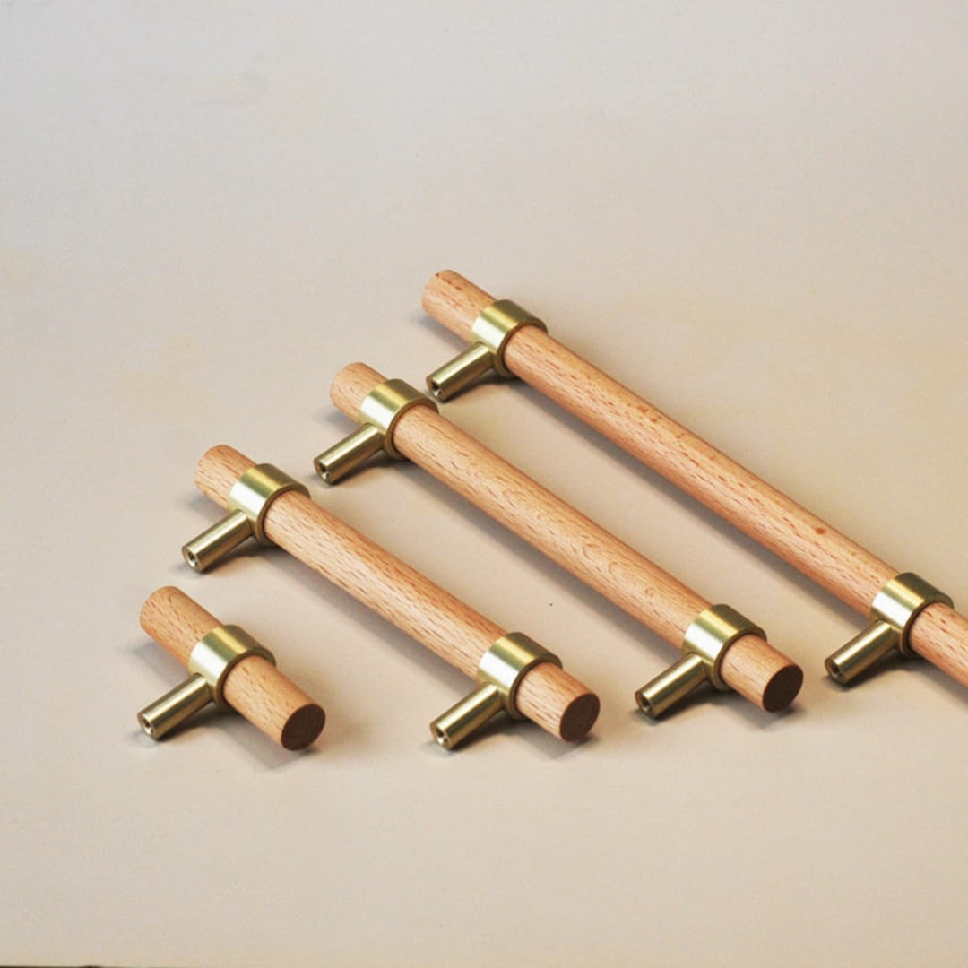 Brass & Wooden Cabinet Knobs - Beechwood Drawer Pulls Handles For Kitchen Furniture