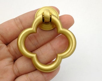 Four-Leaf Antique Brass Ring Pulls: Gold Cabinet Drawer Knobs