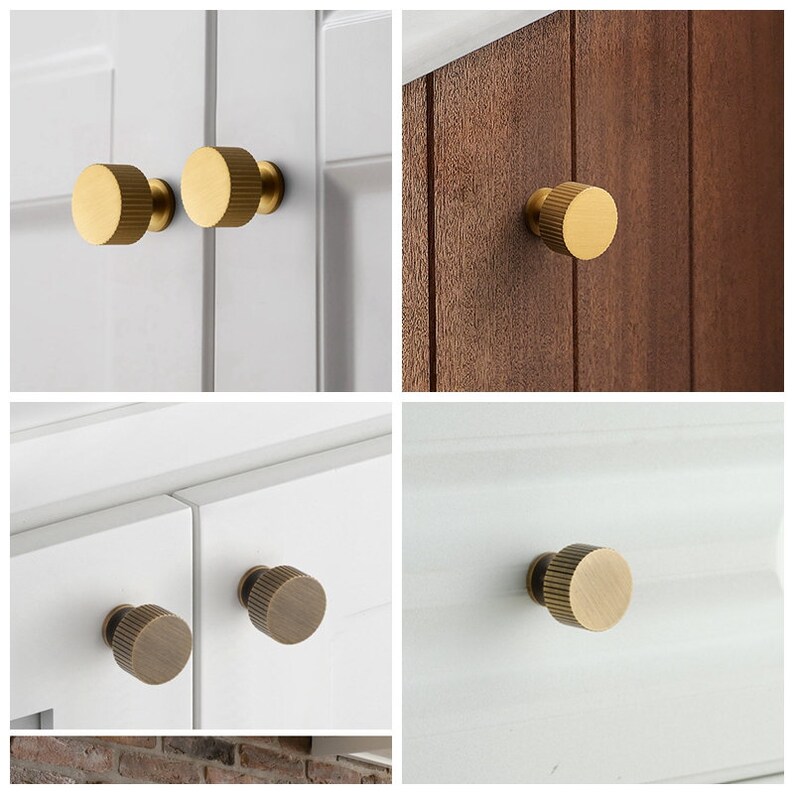 May include: Four close-up images of gold cabinet knobs with a ridged design. The knobs are shown mounted on different surfaces, including white and wood.