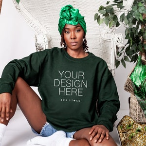 Forest Green Sweater Mockup, Black Mockups, Black Model Mockup, Female Model, Gildan 18000 Forest Green Mockup, Diverse Models, Mockups