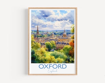 Oxford Poster, Travel Print of Oxford, England, Oxford Art Gift, Travel Watercolour Gift