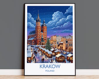 Krakow Christmas Market Print, Poland Winter Wall Art with Border, St Mary’s Basilica Poster, Festive Travel Print, Krakow Gift