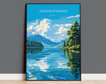 Derwentwater Travel Poster, Derwentwater Travel Print, England, Cumbria Art Lovers Gift, Derwentwater Gift, Lake District, Wall Art Print
