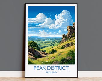 Peak Distrikt Reisedruck Wandkunst, Reiseposter des Peak Distrikts, Geschenk des Peak Distrikt Kunstliebhabers, englische Landschaft