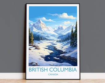 British Columbia Wall Art Travel Poster, Travel Print of British Columbia, British Columbia Art Lovers Gift, Canada Winter Art Travel Gift
