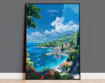 May include: A framed art print of Corfu, Greece. The artwork depicts a coastal scene with a turquoise bay, white buildings, and lush green vegetation. The sky is a vibrant blue with fluffy white clouds. The print is in a black frame.