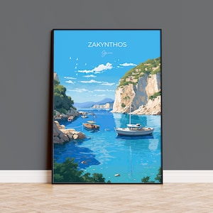 Stampa di viaggio di Zante, poster di viaggio di Zante, regalo Grecia, arte delle isole greche, regalo Zante, stampa artistica da parete