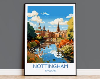 Nottingham Travel Poster Wall Art, Travel Print of Nottingham, Nottinghamshire, England, English City Lovers Gift, Nottingham Art