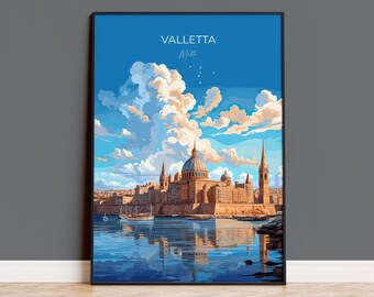 Valletta Travel Poster Wall Art, Travel Print of Valletta, Malta, Valletta Art, Valletta Art Lovers Gift, Malta Art Gift