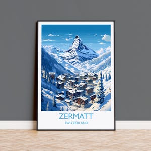 Póster de viaje de Zermatt, impresión de Zermatt, póster de esquí, regalo de Zermatt, regalo para amantes del esquí suizo