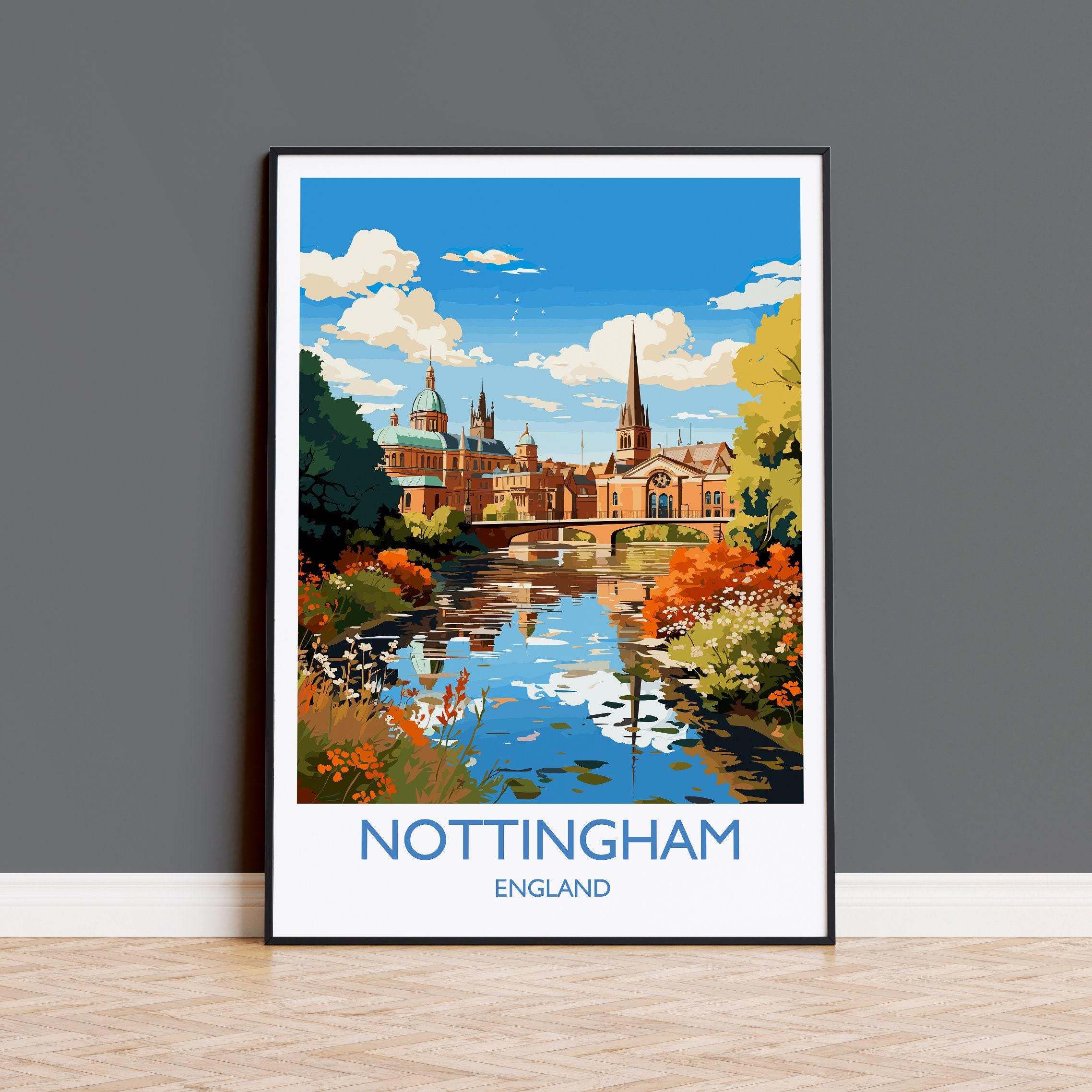 Póster de viaje de Nottingham, impresión de viaje de Nottingham, Nottinghamshire, Inglaterra, regalo para los amantes de la ciudad inglesa, arte de Nottingham