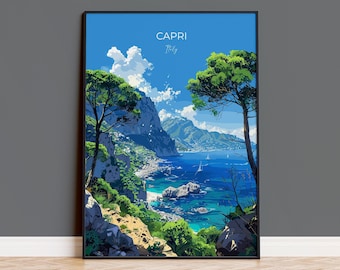 Capri Travel Poster, Travel Print of Capri, Italy, Capri Art Lovers Gift, Amalfi Coast Gift, Wall Art Print
