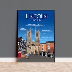Lincoln Travel Print, Plakat podróżniczy Lincoln, Prezent dla miłośników sztuki Lincoln, Sztuka angielskiego miasta, Anglia, Wielka Brytania