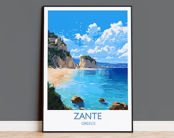 Zante Travel Print, Travel Poster of Zante, Greece Gift, Greek Islands Art, Zante Gift, Wall Art Print