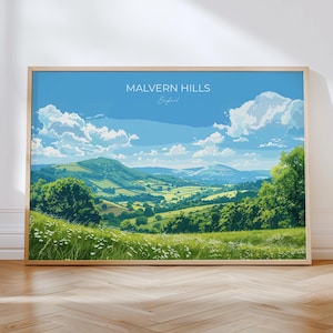 Póster de viaje con paisaje de Malvern Hills, arte mural, impresión de viaje de Malvern Hills, regalo para amantes del arte de Malvern Hills, campiña inglesa