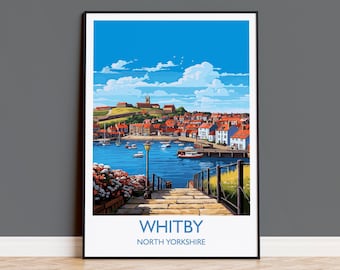 ウィットビー旅行プリント、ウィットビーの旅行ポスター、ヨークシャーギフト、イングランド、ノースヨークシャーアート、ウィットビーギフト、ウォールアートプリント