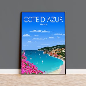 Cote D&#39;Azur Travel Print, Travel Poster of Cote D&#39;Azur, Cote D&#39;Azur Wall Art, France, French Riviera Art Lovers Gift Wedding Gift