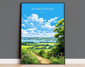 Pembrokeshire Print, Travel Poster of Pembrokeshire, Wales, Pembrokeshire Art Gift, Wales Gift Art, Landscape Wall Art Print