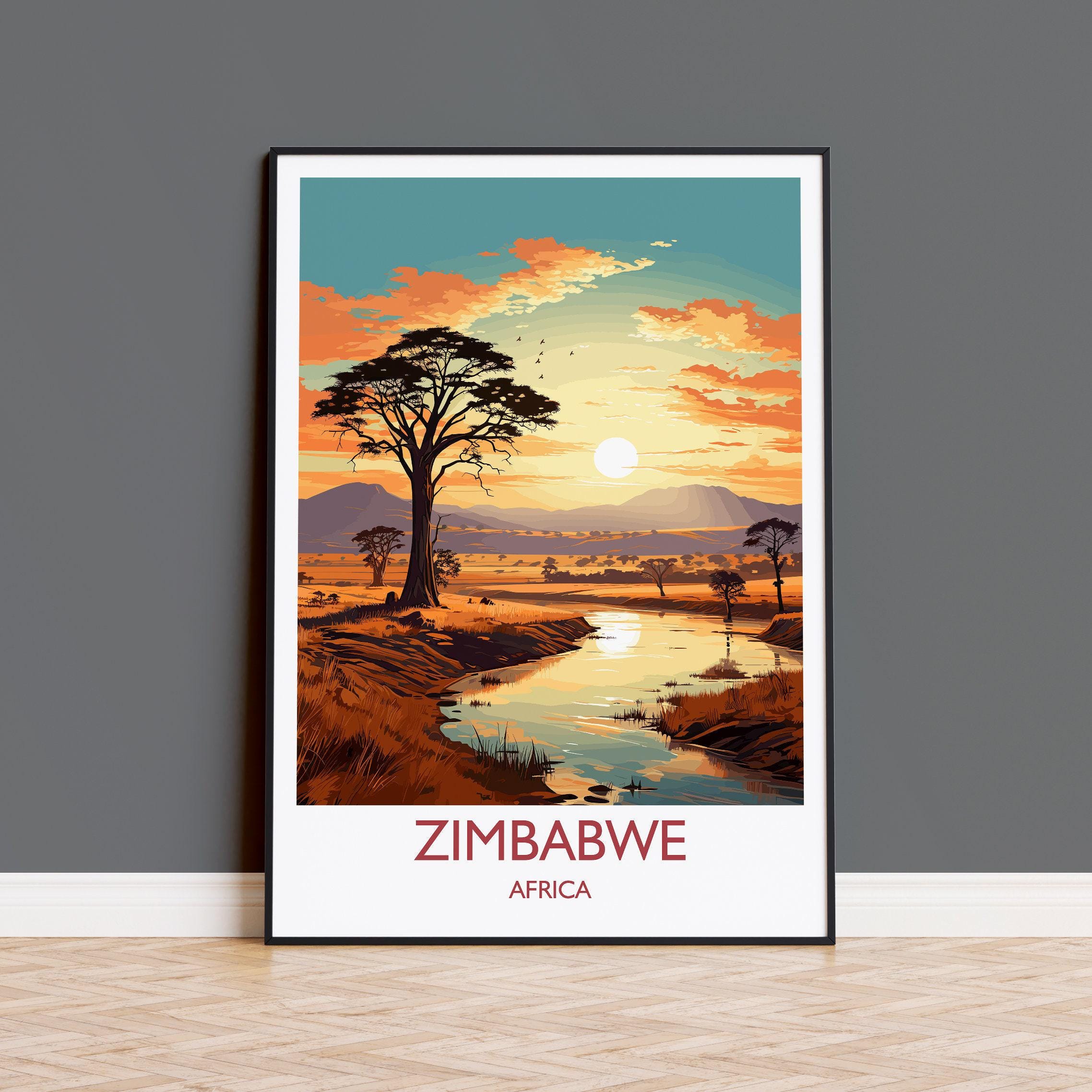 Zimbabwe Travel Poster Wall Art, Travel Poster of Zimbabwe Sunset
