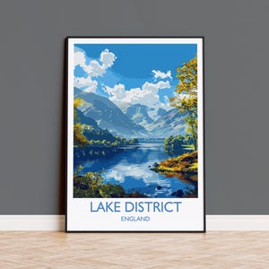 Seenplatte Reisedruck Wandkunst, Reiseplakat von Lake Gaut, Geschenk für Seenplatte, englische Landschaft