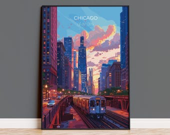 Chicago Travel Print Wall Art, Travel Poster of Chicago, Illinois, Chicago Art Lovers Gift, USA City Art Gift,