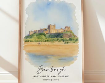 Bamburgh Wall Art Poster, Travel Print of Bamburgh Castle, England, Northumberland Art Gift, Travel Watercolour Gift