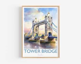 Poster del Tower Bridge, stampa turistica del Tower Bridge, Londra, Inghilterra, regalo artistico del Tower Bridge, regalo di viaggio ad acquerello di Londra