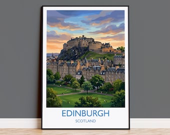 Edinburgh Castle Travel Poster, Princes Street Gardens Wall Art, Edinburgh City Print, Scotland Skyline Illustration, Vintage Style UK Decor