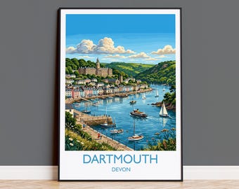 Dartmouth Print, Devon Travel Poster with White Border, River Dart Wall Art, Britannia Royal Naval College Print, Devon Coastal Gift