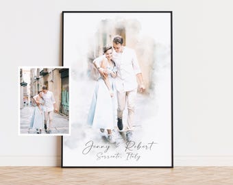 Watercolor Couple Portrait from Photo, Custom Wedding Anniversary Gift for Wife Husband Parents, Engagement Gift for Friend, Unique Wall Art