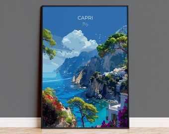Capri Travel Poster, Travel Print of Capri, Italy, Capri Art Lovers Gift, Amalfi Coast Gift, Wall Art Print