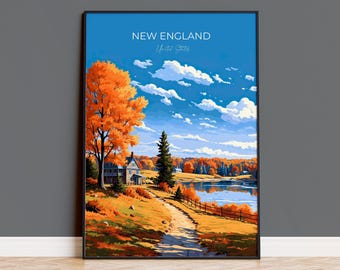 New England Print, Travel Poster of New England, USA print gift, Autumn Fall Art Gift, New England Gift Art, Travel Gift