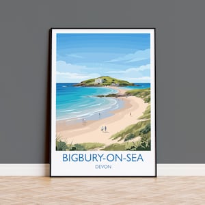 Bigbury on Sea Devon reseaffisch, Burgh Island kustväggkonst, South Devon strandtryck, vintagestil kustdekor, gåva för Storbritanniens kust