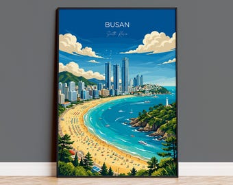 Busan Travel Poster, South Korea Wall Art, Haeundae Beach Print, Coastal Skyline Poster, Busan Gift