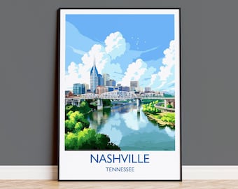 May include: A framed art print showing a stylized illustration of the Nashville, Tennessee skyline. The artwork depicts the city's buildings, a bridge over a river, and a blue sky with fluffy clouds. The words "NASHVILLE" and "TENNESSEE" are printed at the bottom.