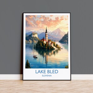 Poster di viaggio del lago di Bled, stampa di viaggio del lago di Bled, Slovenia, arte della Slovenia, regalo del lago di Bled, stampa artistica da parete