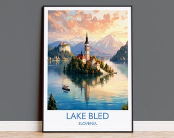 Poster di viaggio del lago di Bled, stampa di viaggio del lago di Bled, Slovenia, arte della Slovenia, regalo del lago di Bled, stampa artistica da parete