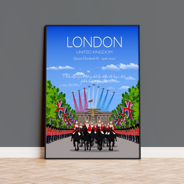 Impression commémorative de la reine Elizabeth II, affiche de voyage à Londres, palais de Buckingham, centre commercial, ville de Londres, Royaume-Uni, impression en édition limitée